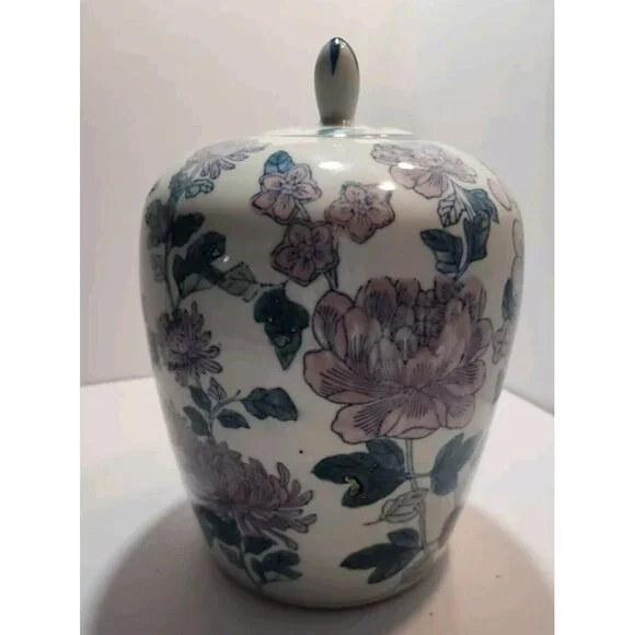 Vtg Chinese Ginger/Temple Jar Temple with Lid Pink Florals Green Leaves on White